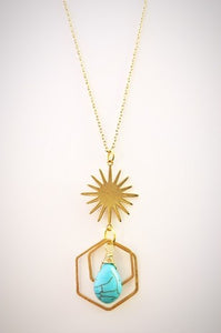 Dear Prudence Raw brass sun with turquoise stone on golden SS necklace chain